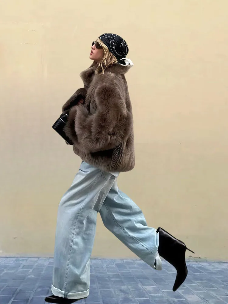 Retro Long Sleeved Fur Jacket for Women Solid Color Lapel Faux Fur Cardigan Tops Fashion Ccasual Thickened Warm Overcoat