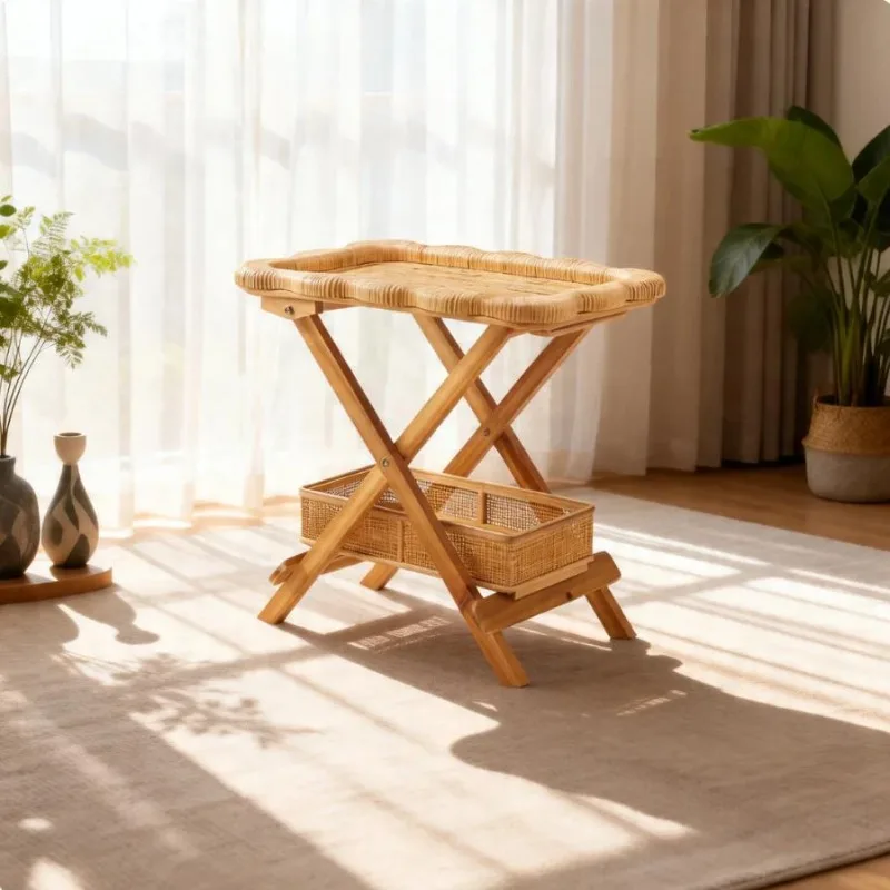 Foldable Rattan Coffee Table Portable Movable Side End Table for Living Room Storage Cabinet Space‑Saving Household Furniture