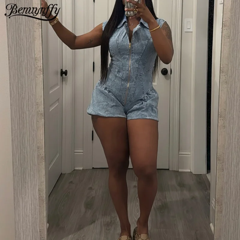 

Benuynffy Notched Neck Front Zipper Denim Jumpsuit Romper Women's Summer 2025 Sleeveless Elastic Slim Matching Lantern Shorts