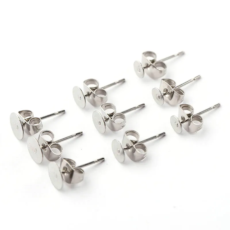 100Sets Stainless Steel Earring Setting Dia 4 6 8 10 12mm Earrings Pin Base with Ear Back Jewelry Making Components DIY Supplies