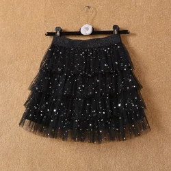 Spring Summer New Korean Style High Waist Layered Cake Short Skirt Sequin Star Ladies Sweet Half Skirt Mesh Gauze Ruffle