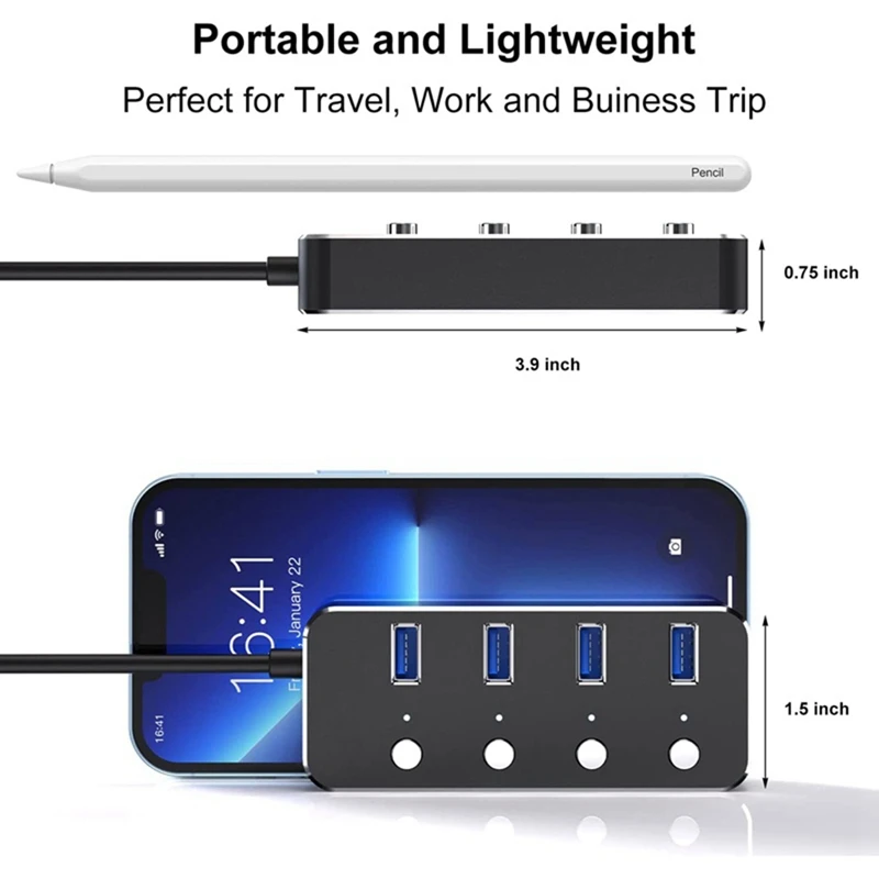 

USB 3.0 Адаптер питания, 4 порта, разветвитель из алюминиевого сплава, док-станция, 3,0 USB мульти-разветвитель, переключатель 1,2 м, кабельный концентратор