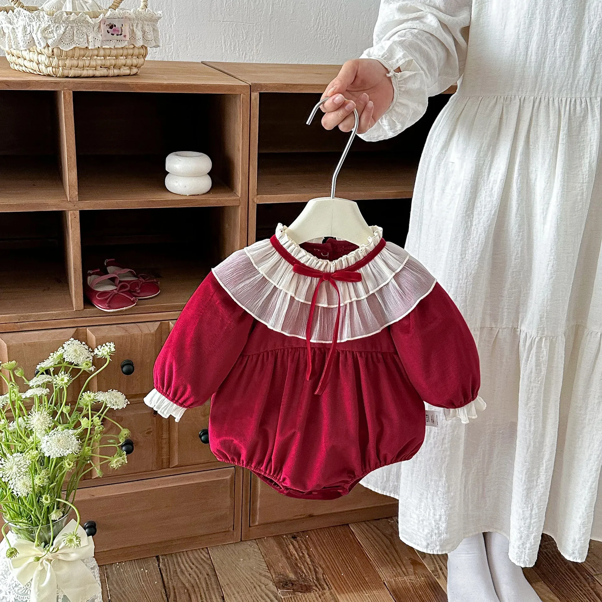 Bodys y monos para bebé, mono de terciopelo rojo para otoño, invierno, Navidad, mono para recién nacido, mono para banquete de 100 días, ropa infantil de 0 a 24 meses