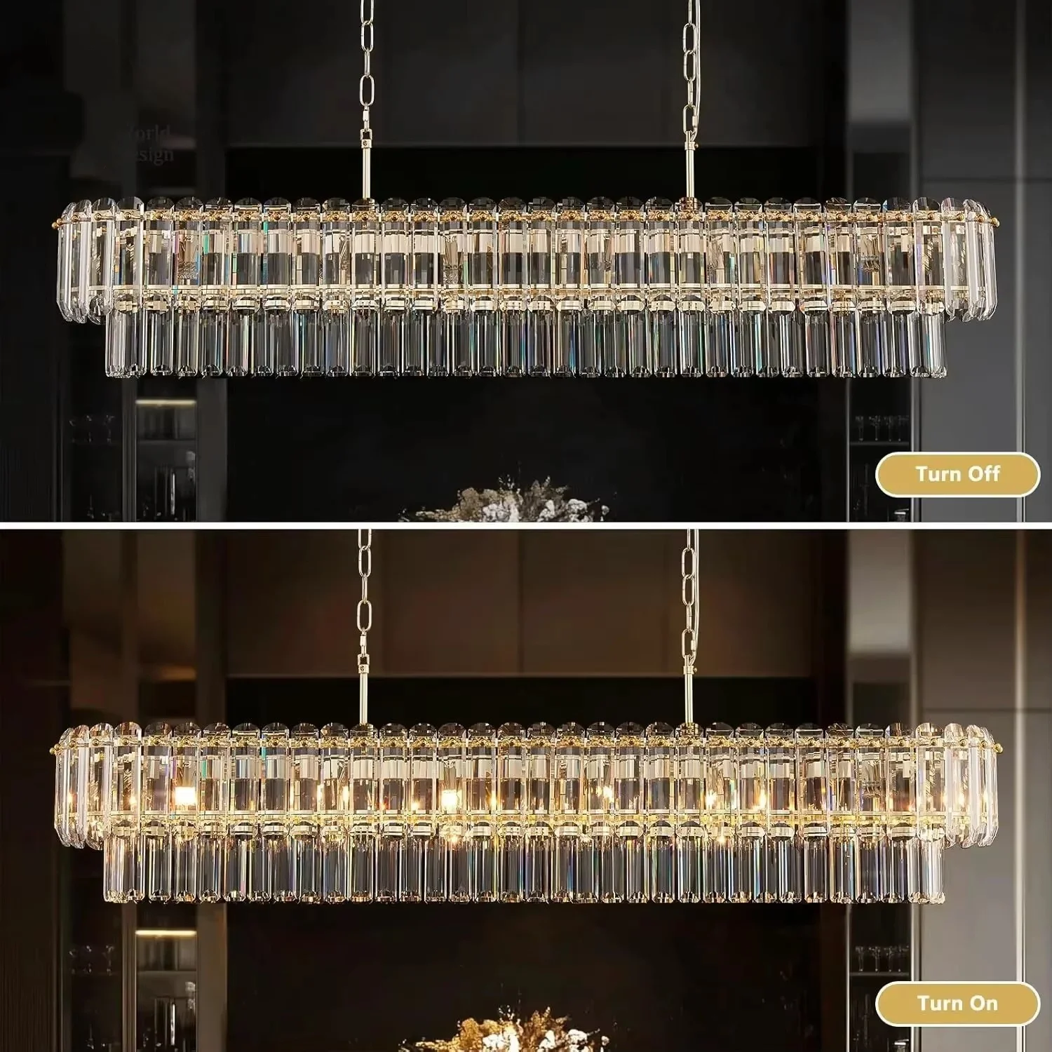 Gold Crystal Chandeliers Dining Table Light Large Rectangle Luxury Pendant Light Fixture for Kitchen Island Entryway Living Room view 2