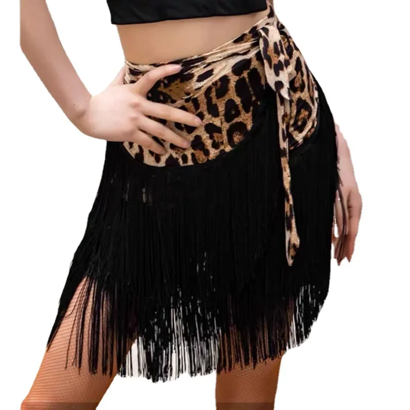 Fringe Latin Dance Skirt Leopard Sexy Adult Latin Wrap Skirts Spandex Latin Dance Dress Women\'s Black Practice Skirt Hip Scarf