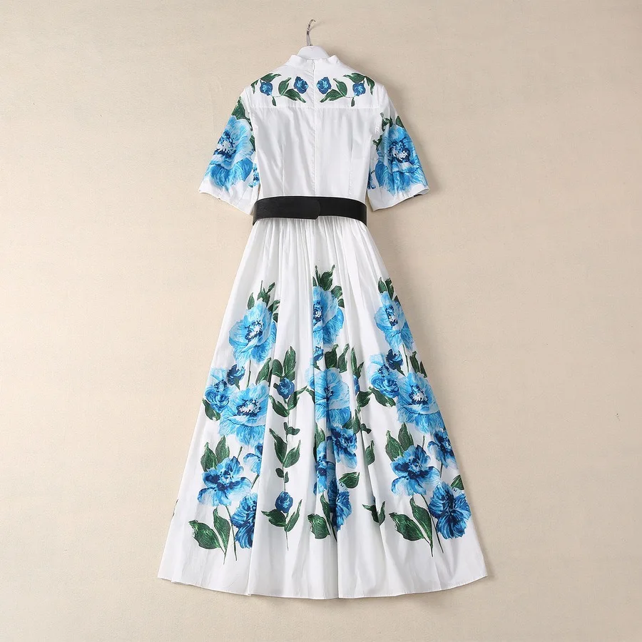 Summer Cotton Dress Women Stand Collar Short Sleeve Sashes Flower Print Office Lady Dresses Fashion Designer 2024 New