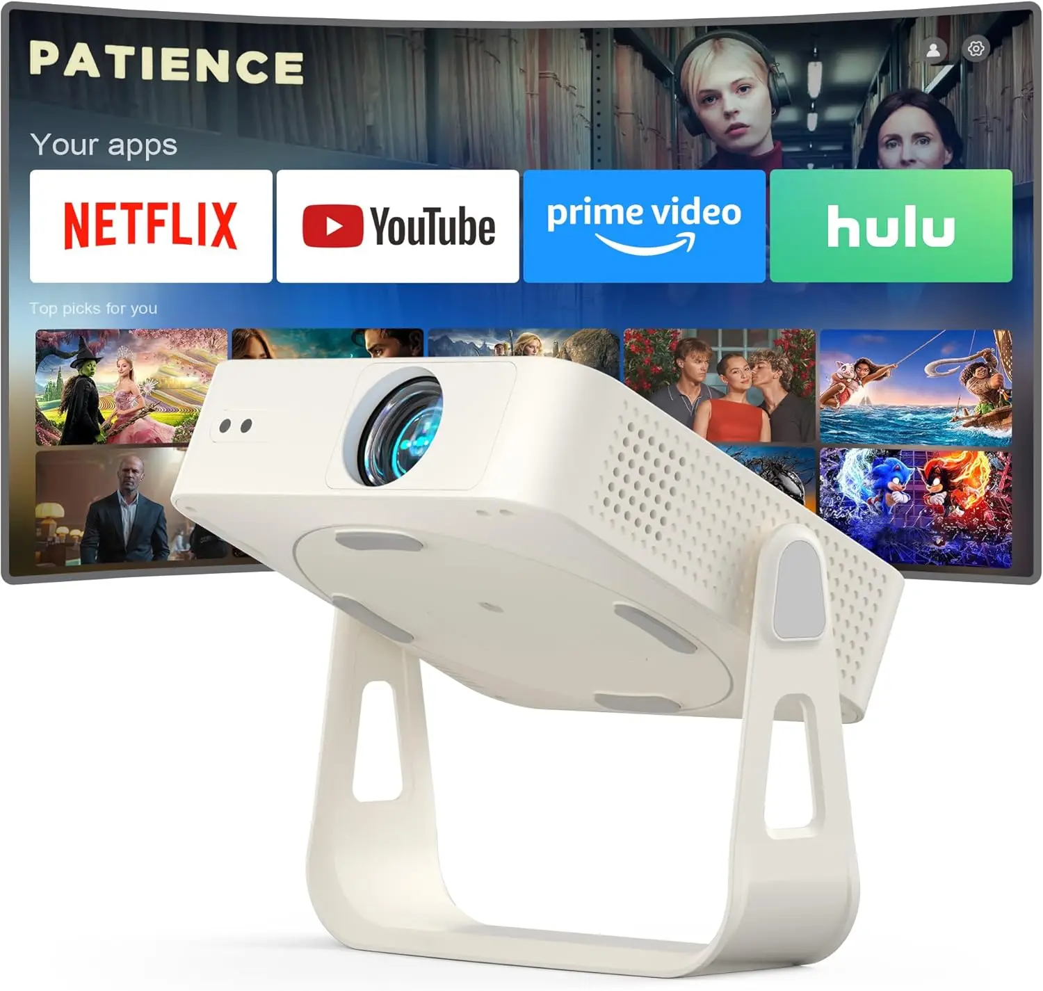 

Умный мини-проектор с Wi-Fi, Bluetooth, поддержкой 4K, портативный проектор для просмотра фильмов на открытом воздухе с автофокусом и 360-градусным обзором, разрешение 1080P. ° Стойка-подставка