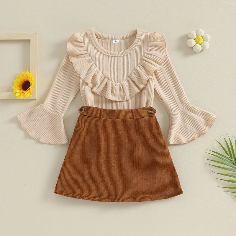 

Kids Girl Fall Long Sleeve Outfits Solid Color Ribbed Ruffles Crew Neck Flare Tops and Corduroy Skirts 2Pcs Clothes Set