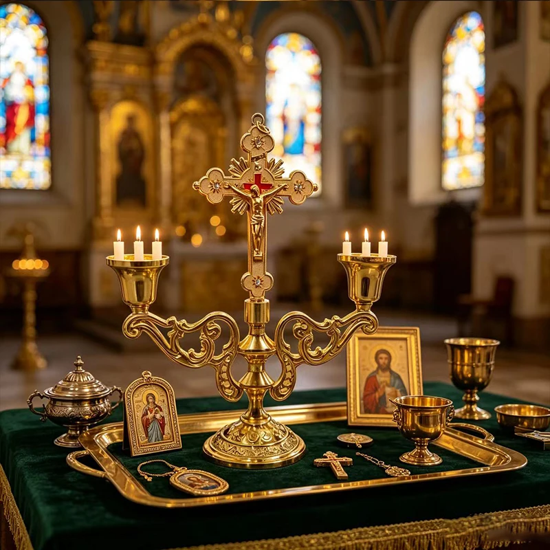 Orthodoxer Altar-Kerzenhalter aus Goldmetall, stehendes Kruzifix, Kerzenständer mit Kreuz für Kirche, Heimdekoration, religiöses christliches Geschenk – Detail 2