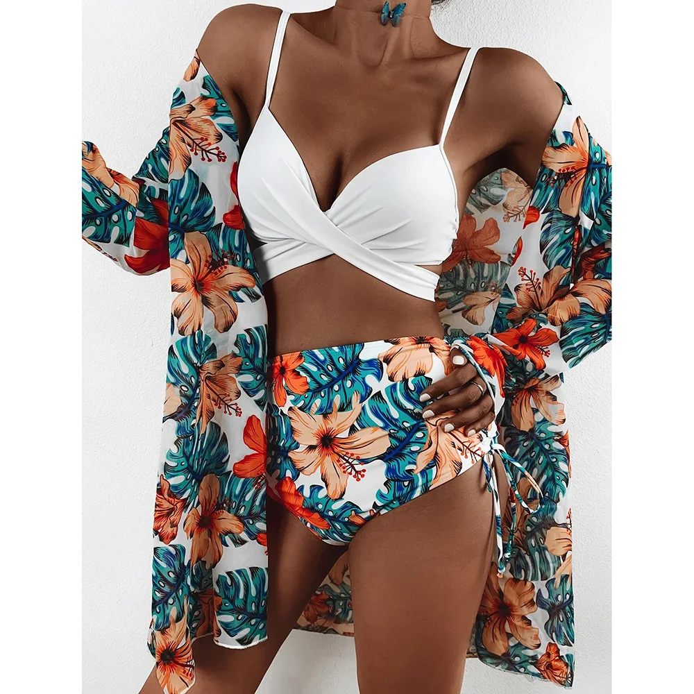 Print Floral Large Swimsuits 3 PCS Beach Bikinis Set Push Up Female Plus Size Swimwear Bather Swim Wear Women Bathing Suit 2023