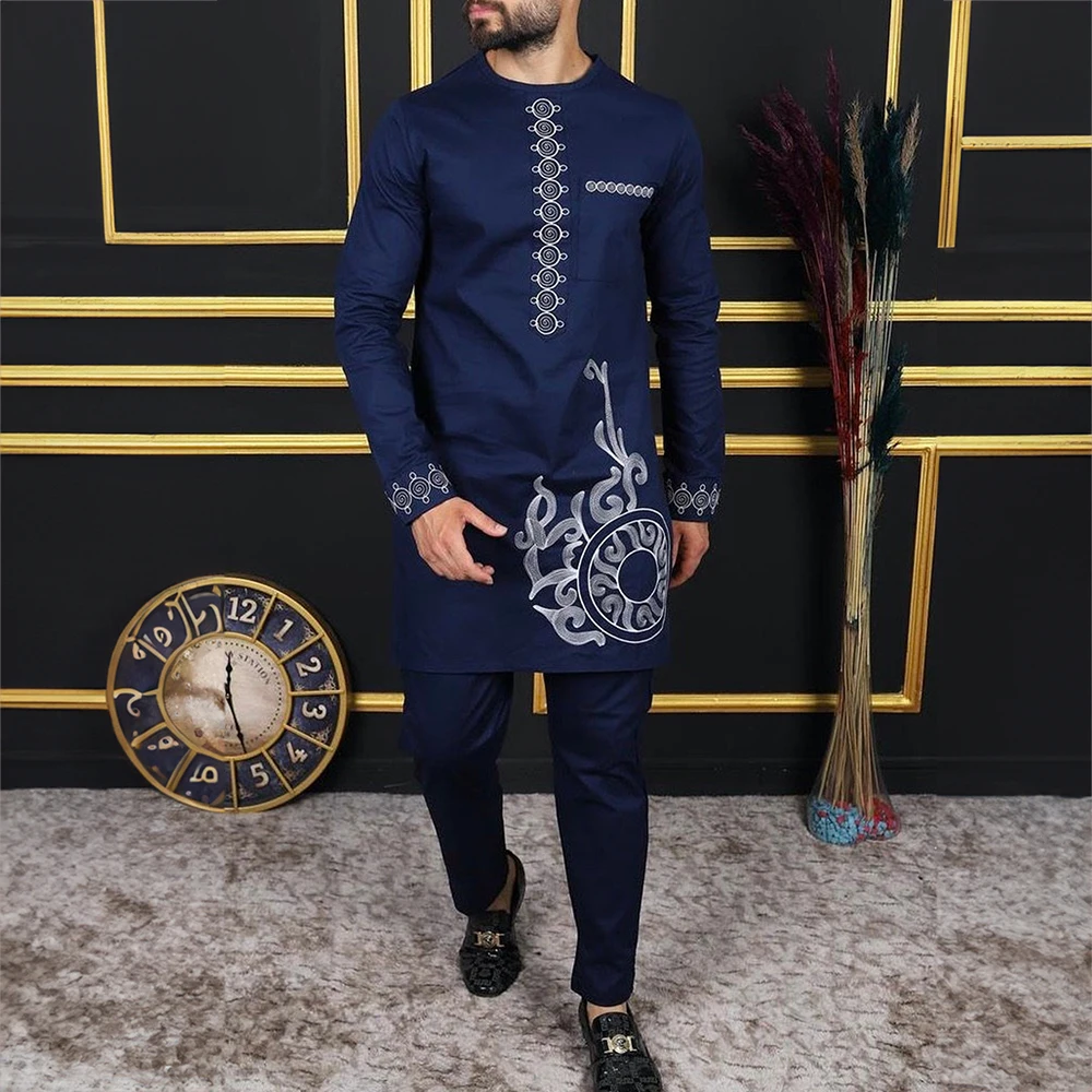 Dashiki Individual Printed Round Neck Men's Suit Muslim Youth National Style Daily Retro Top Pants Two-Piece Elegant Sports Men