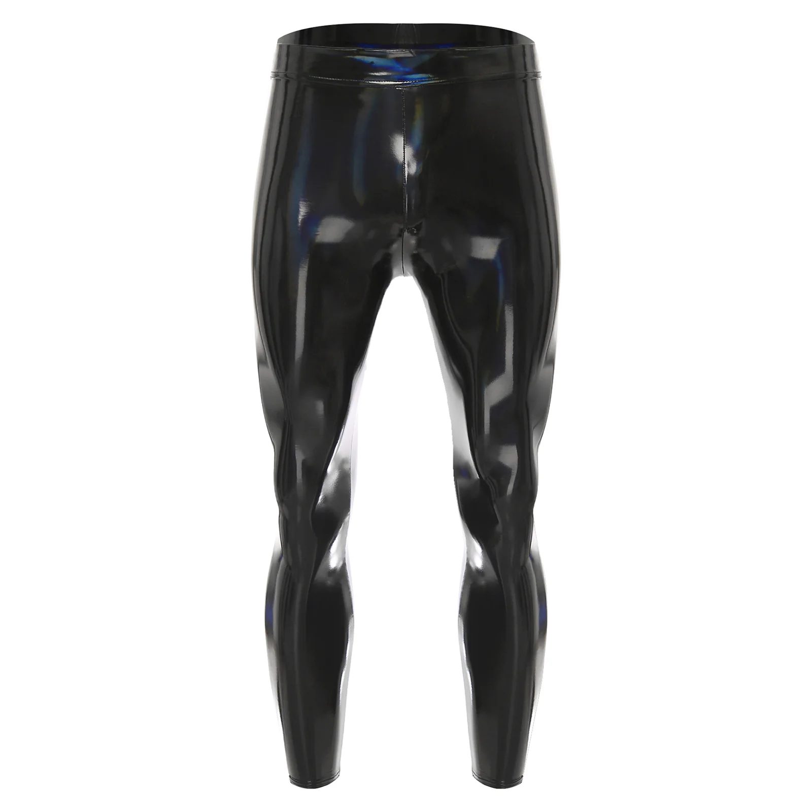 Mens Black Disco Tights Pants Oil-shiny Stretchy PU Leather Leggings Trousers Wet Look Pants Pole Dance Clothings Rave Clubwear