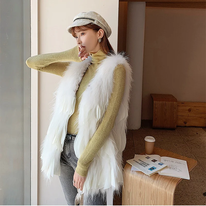 Vest Raccoon Dog Fur Women's Korean Slim Fit Casual Medium and Long Chiffon Ruffles Splicing Coat Sleeveless Real Fur Jacket