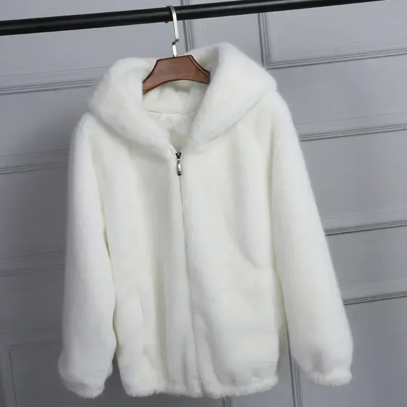 Lady Artificial Fur Hooded Soft  Women\'s Jacket White Grey Pink Rabbit Imitation Fur Outcoat Winter Grass Mink Faux Fur Coat