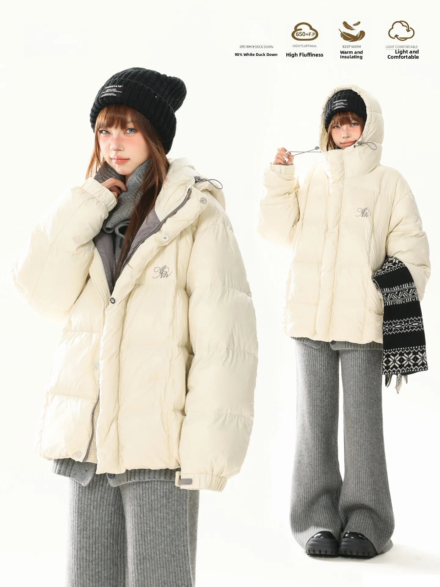 

AONW American Sle Thiened Warmth Women's Puffer Jaet Hooded Du down Coat Long Sve Zipper Closure 3D Stereo Design