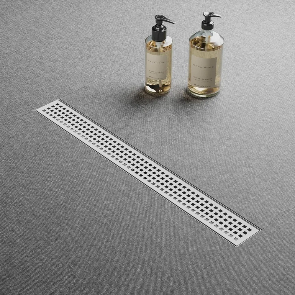 استنزاف دش خطي من الفولاذ المقاوم للصدأ مقاس 24 بوصة مع شبكة قابلة للإزالة ولمسة نهائية من النيكل المصقول، تتضمن الملحقات المعتمدة من CUPC