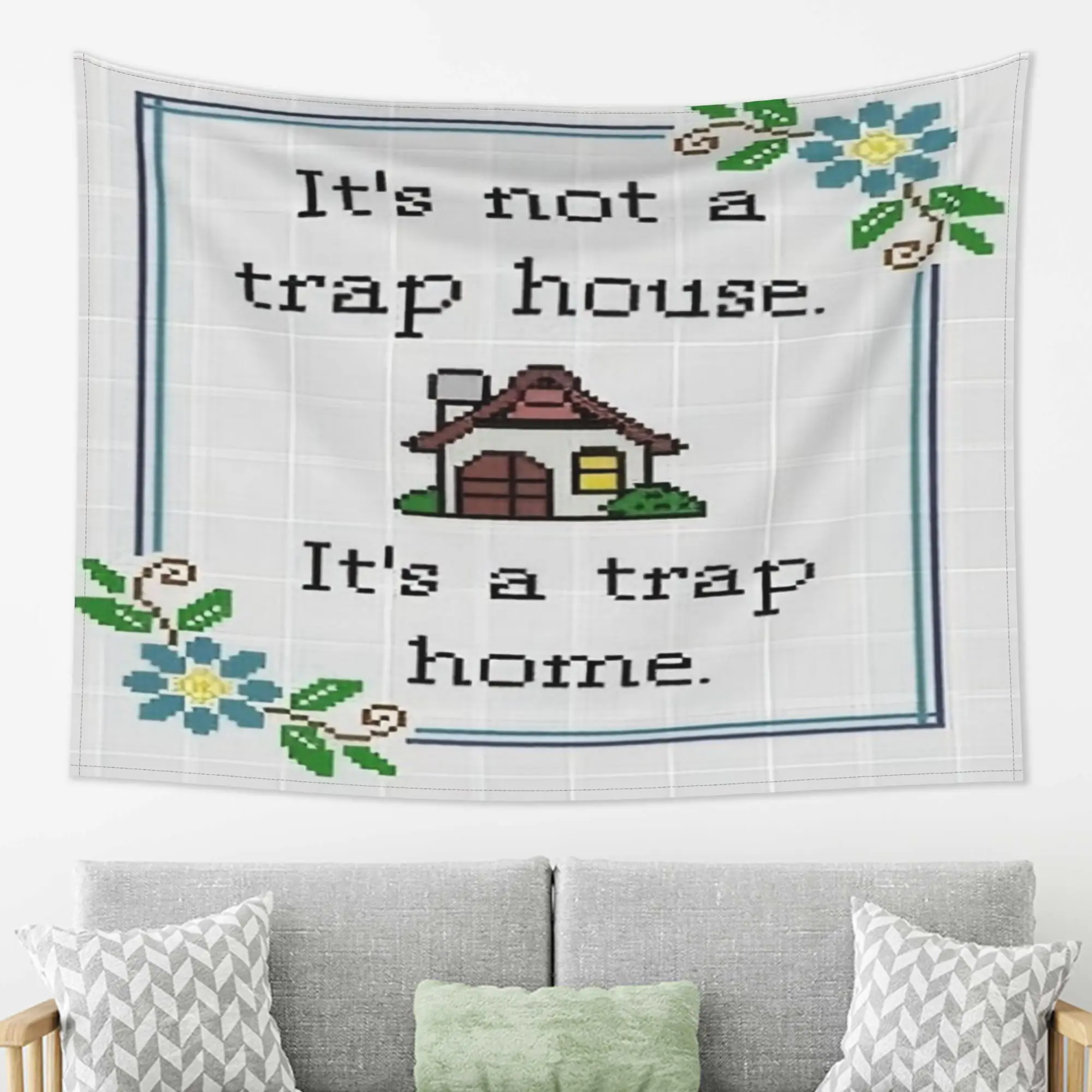 1pc Funny Quote It's Not A Trap House It's A Trap Home Tapestry Vintage Cross Stitch Style Wall Hanging Aesthetic Room Decor