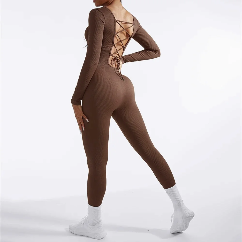 New Bandage Women One Piece Jumpsuit Long Sleeve Tops Sportwear Gym Legging Cycling Body Building Bodysuit Female Activewear