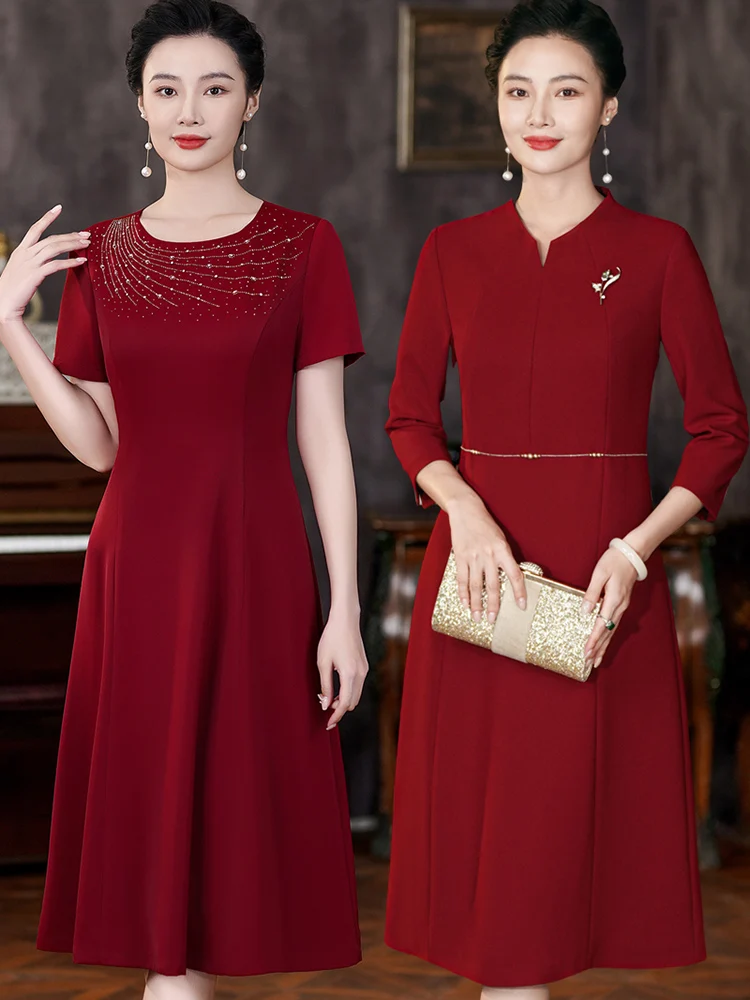 

Elegant Red Wedding Dress for Mother of the Bride High End Luxury Sensation Fashionable Slim Fit Midi Dress for Wedding Banquet