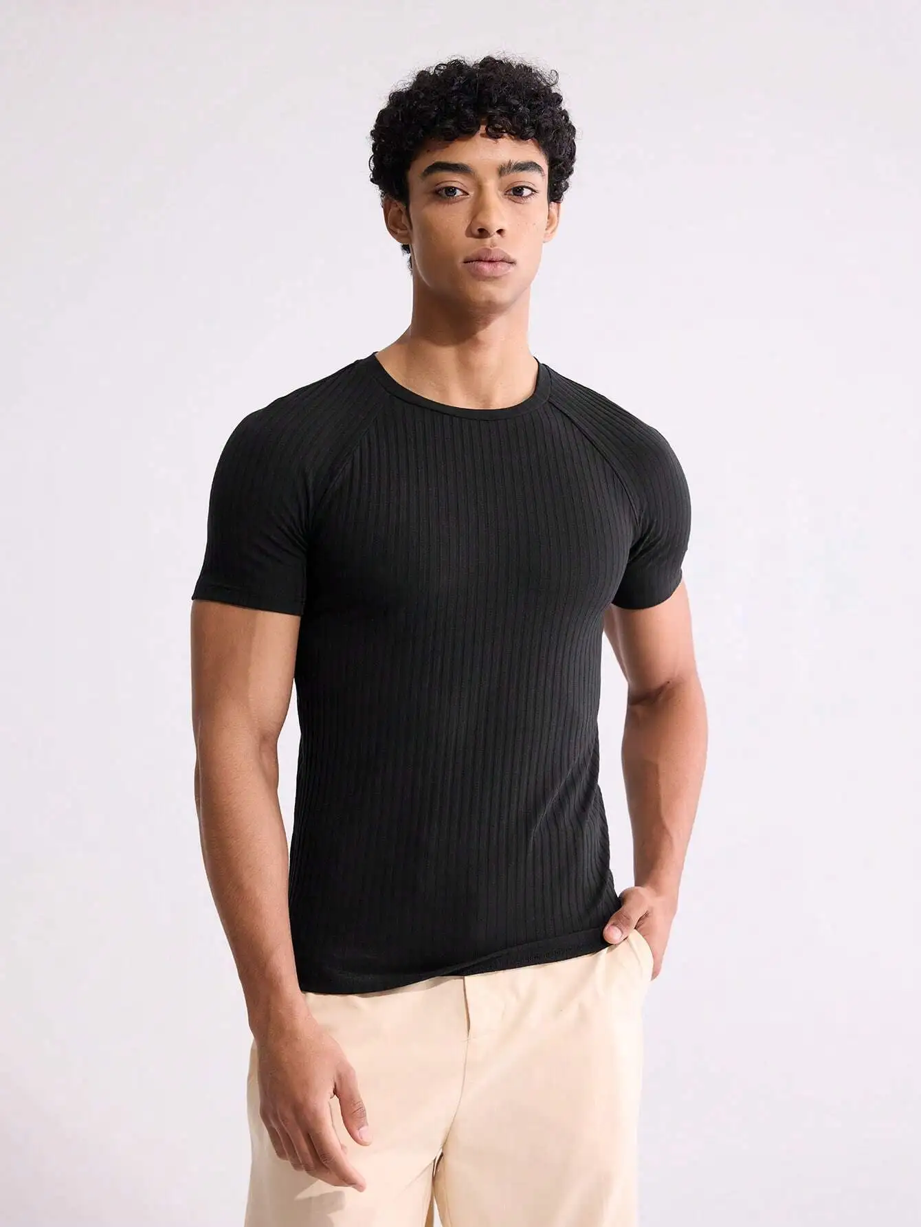 Mens Muscle Fit Ribbed T-Shirt With Crew Neck Black