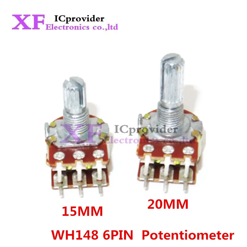 5PCS WH148 Adjustable B1K 2K5K10K20K 50K 100K 250K 500K 1M handle 15MM 20MM Ohm 6-pin 1-axis amplifier dual stereo potentiometer
