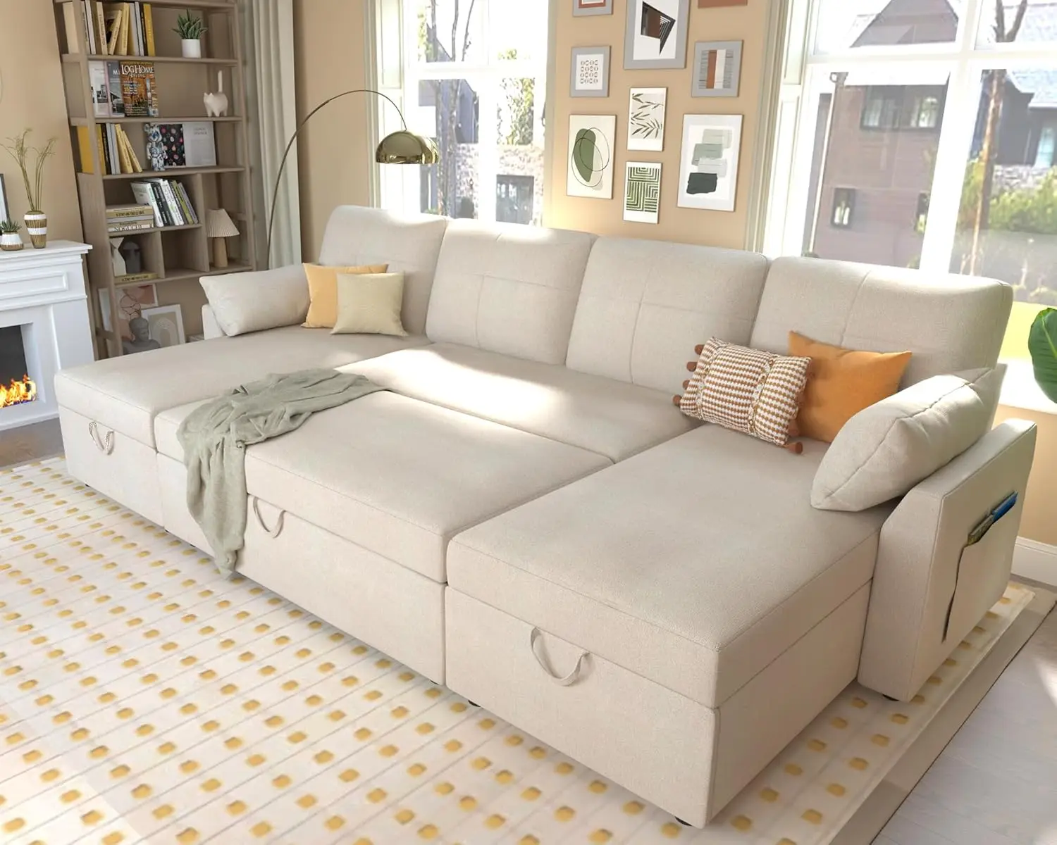 Sectional Sleeper Sofa with Double Storage Chaise for Living Room, Beige Chenille Couch