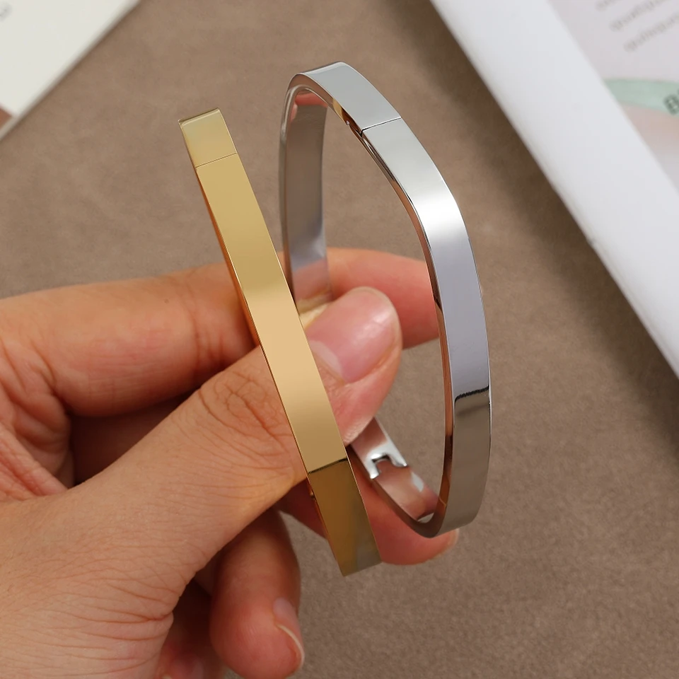 Fashion Square Ring No Inlay Polished Stainless Steel Bracelets Women Men Gold Silver Color Couple Bracelet Party Daily Jewelry