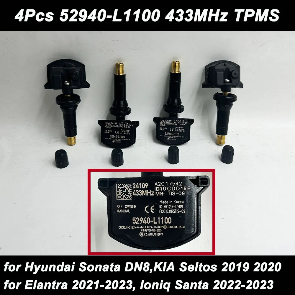 4 Pack 433MHz TPMS Tire Pressure Sensor 52940-L1100 52940L1100 For 2020 2021 2022 2023 Kia Optima Sorento Hyundai Sonata Elantra