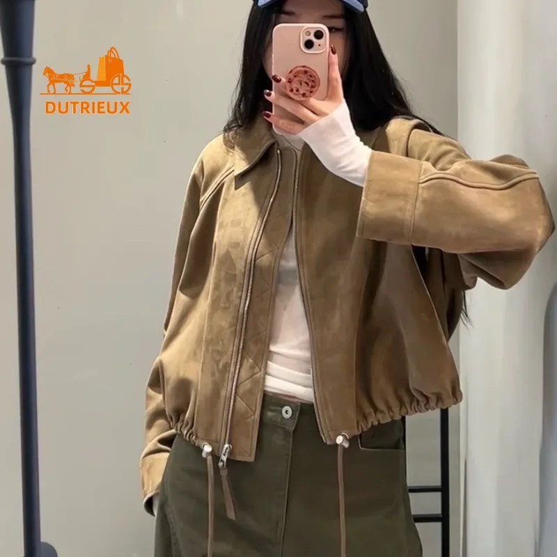 Winter Suede Leather Jacket Overzise Hem Leather Drawstring Design, 100% Goatskin Fabric Heavy Thick Women's Leather Jacket