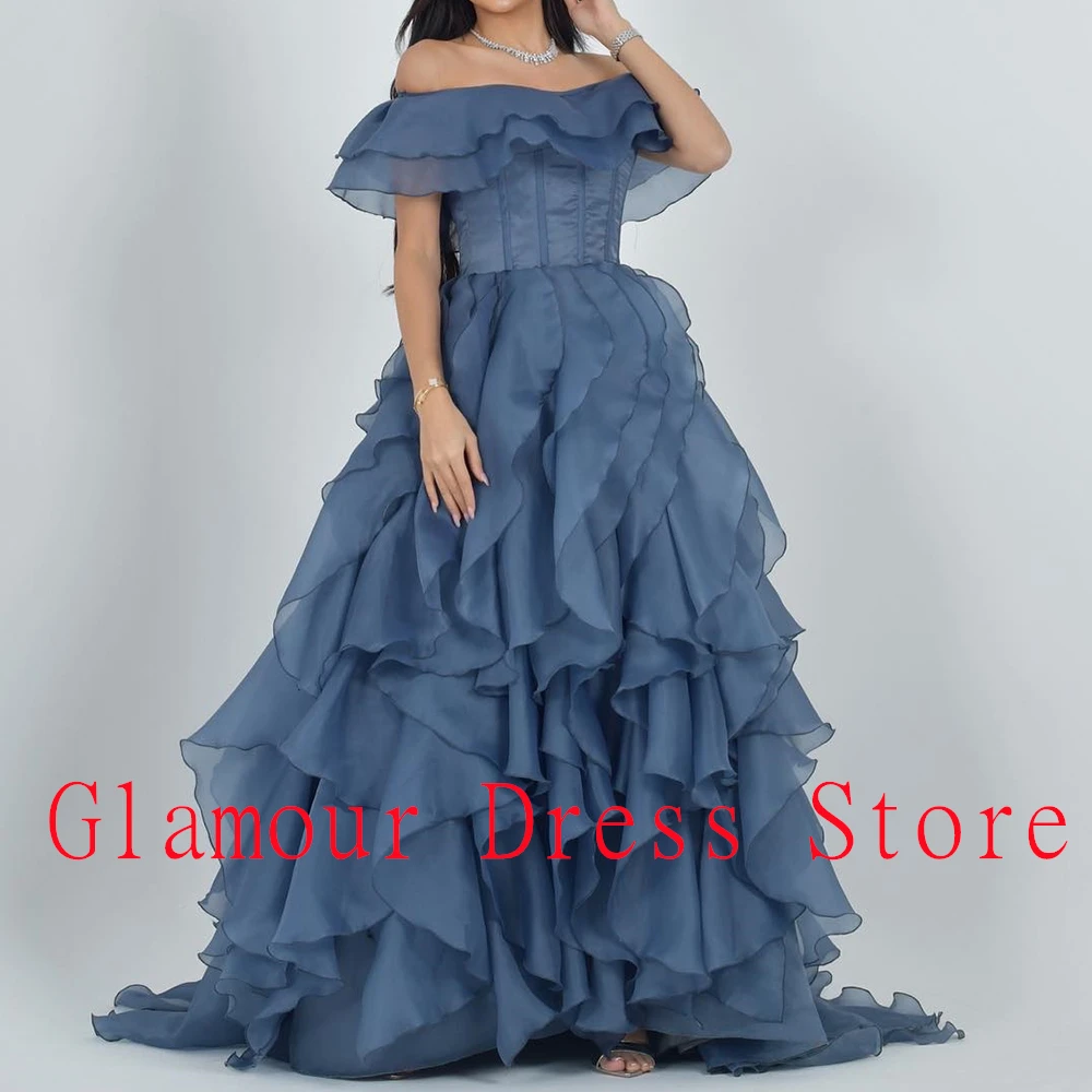 Vestido De noche elegante personalizado De gasa azul con hombros descubiertos, temperamento, cuello barco, corte en A, manga corta, Vestidos De Fiesta