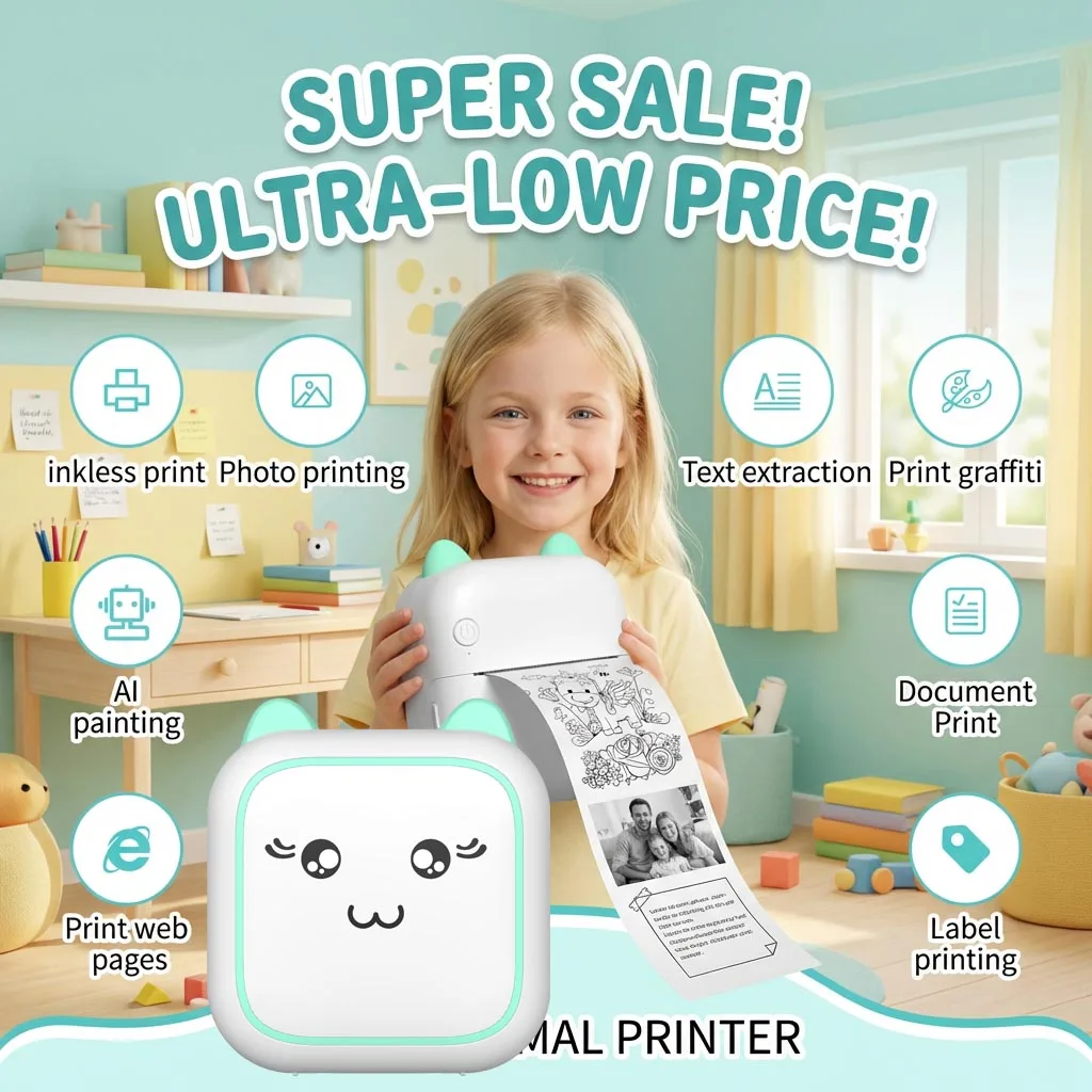 

Mini Portable Thermal Printer Lightweight Wireless Photo Label Memo Wrong Question Printing USB Cable Printer