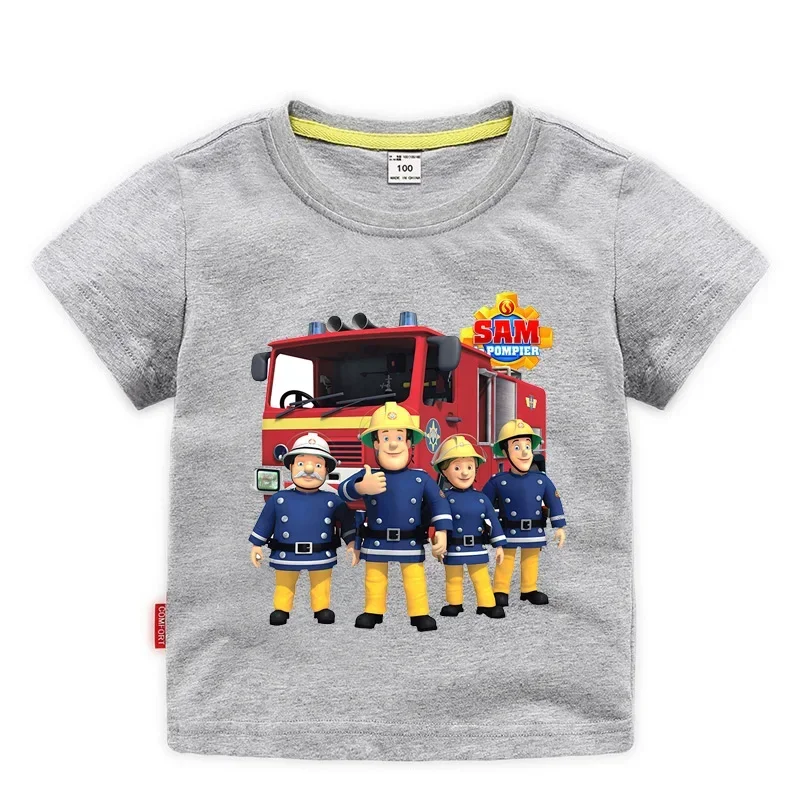 Children Cartoon Fireman Sam Print Cotton T-shirts for Boy Shirt Girl Short Sleeve Tee Top Clothes Kids Clothing Unisex 2-10Year