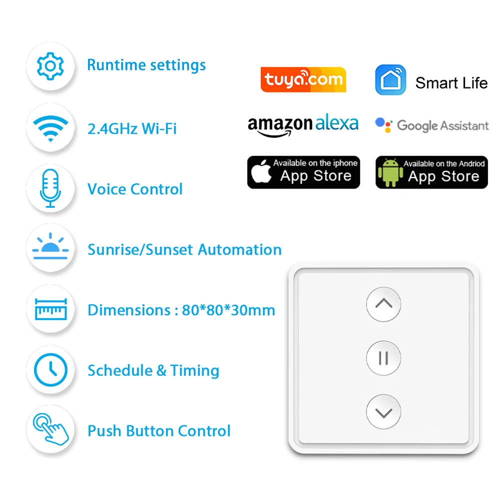 QCSMART Tuya Smart Life Roller Shutter Curtains Push Button Switch 80*80 Panel Remote Voice Control  via Alexa Google Assistant