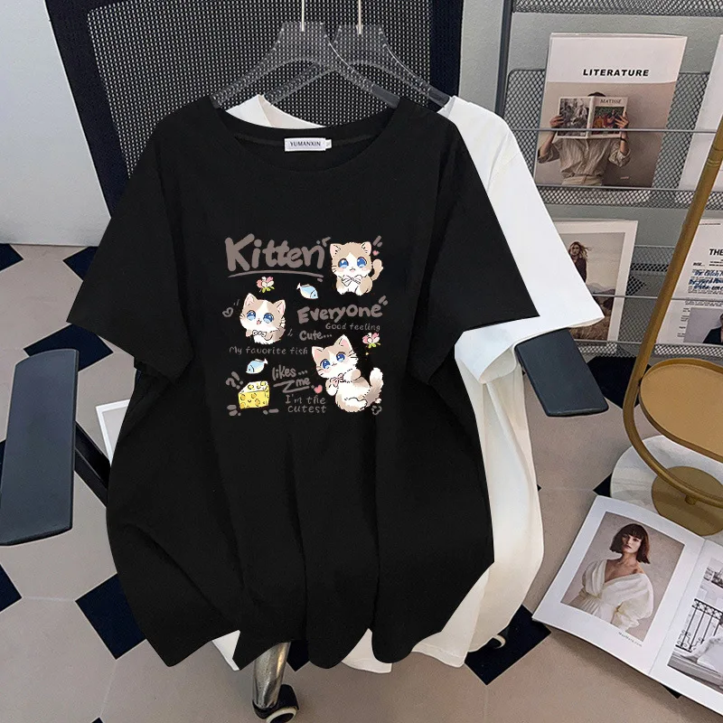 

Женская футболка больших размеров (до 170 кг) с круглым вырезом, коротким рукавом и мультяшным котом, летняя, свободного кроя, размеры 4XL, 5XL, 6XL, 7XL, 8XL, 9XL
