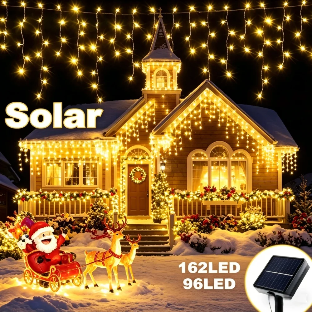 

8 Modes Solar Christmas Icicle Lights 162/96 LED Waterproof Curtain String Lights for Outdoor Garden Room Holiday Lighting