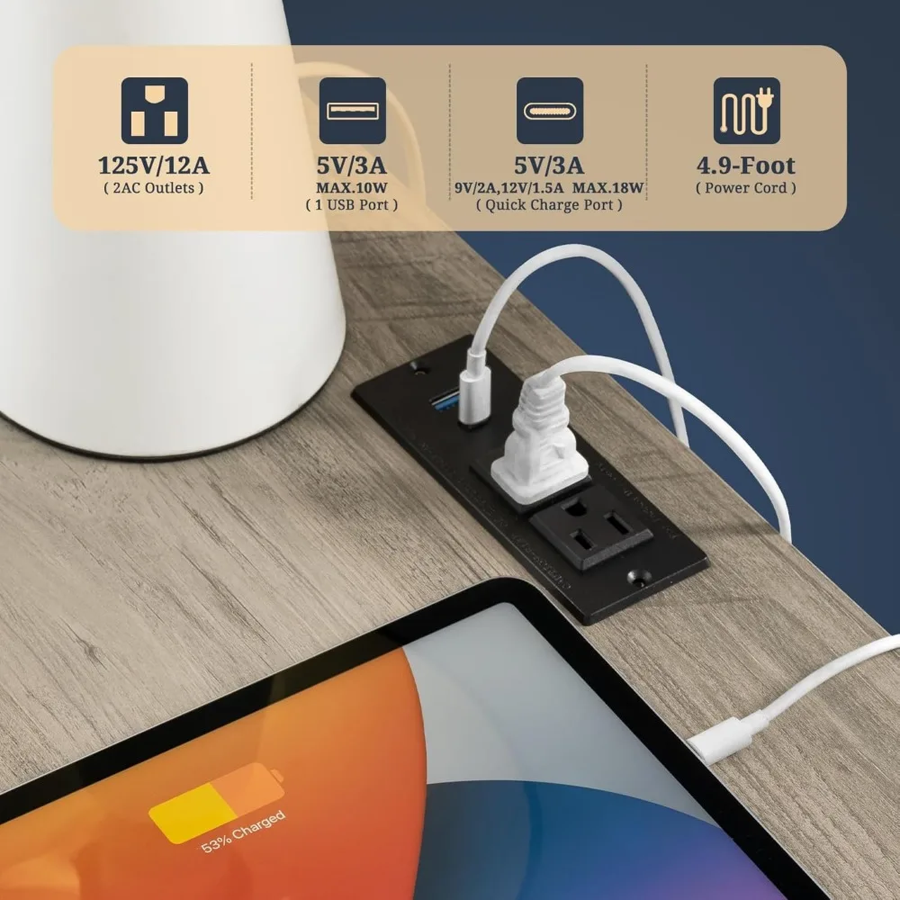 منضدة محطة شحن بتصميم لوحة مخددة، طاولة نهاية ذات درجين لتخزين جانبية للأريكة على طراز المزرعة #4