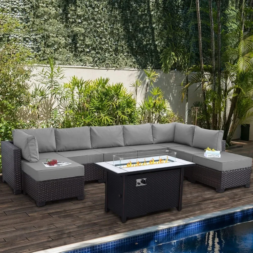 

9 Pieces Wicker Patio Furniture Set Outdoor with Cushions and 45” Gas fire Pit Table PE Rattan Sectional Conversation Sofa Set