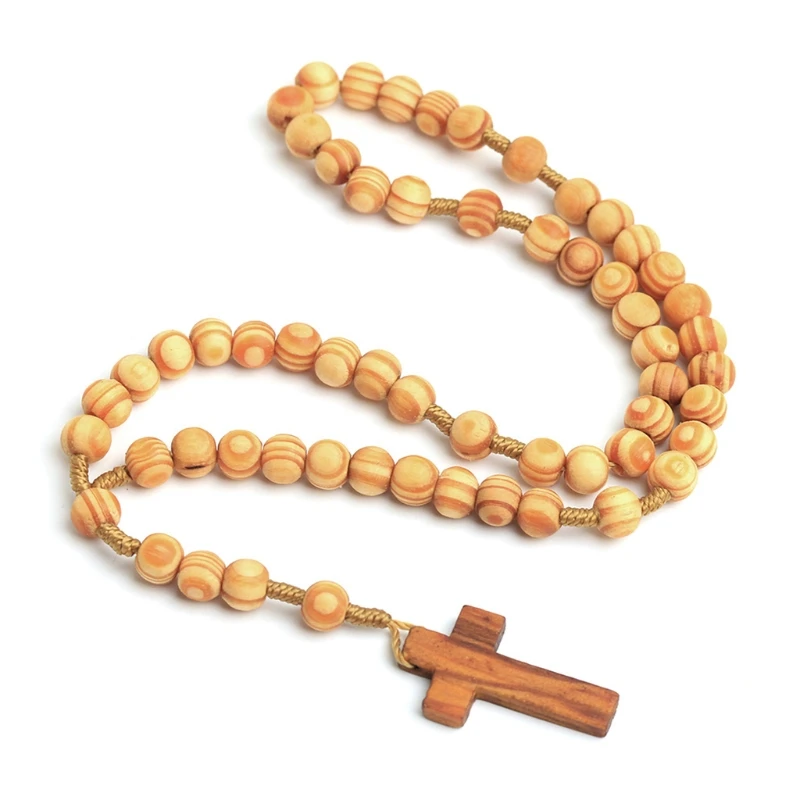 XX9B Wooden Grain Beads Jesus Cross Rosary Necklace Carved Rosary Pendant Christian Jewelry Necklace Harajuku Style Punk