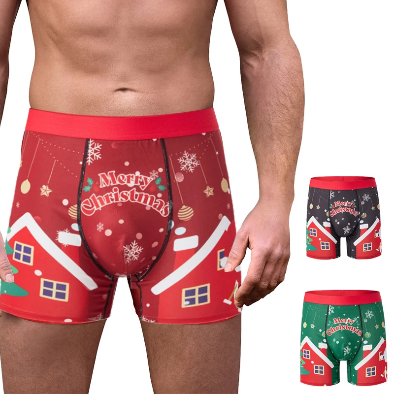 

Men's Christmas Printed Boxer Briefs Soft Breathable Comfortable Seamless Underpants Festival Atmosphere Underwear