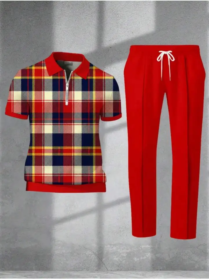 Mens Plaid Shirt Red Drawstring Pants Set