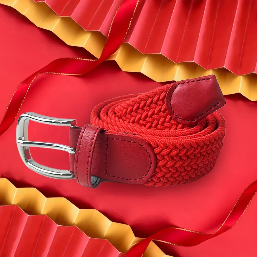 Cinturón de lona elástica trenzada para hombre, cinturón tejido elástico rojo, Festival de moda, Año Nuevo Chino