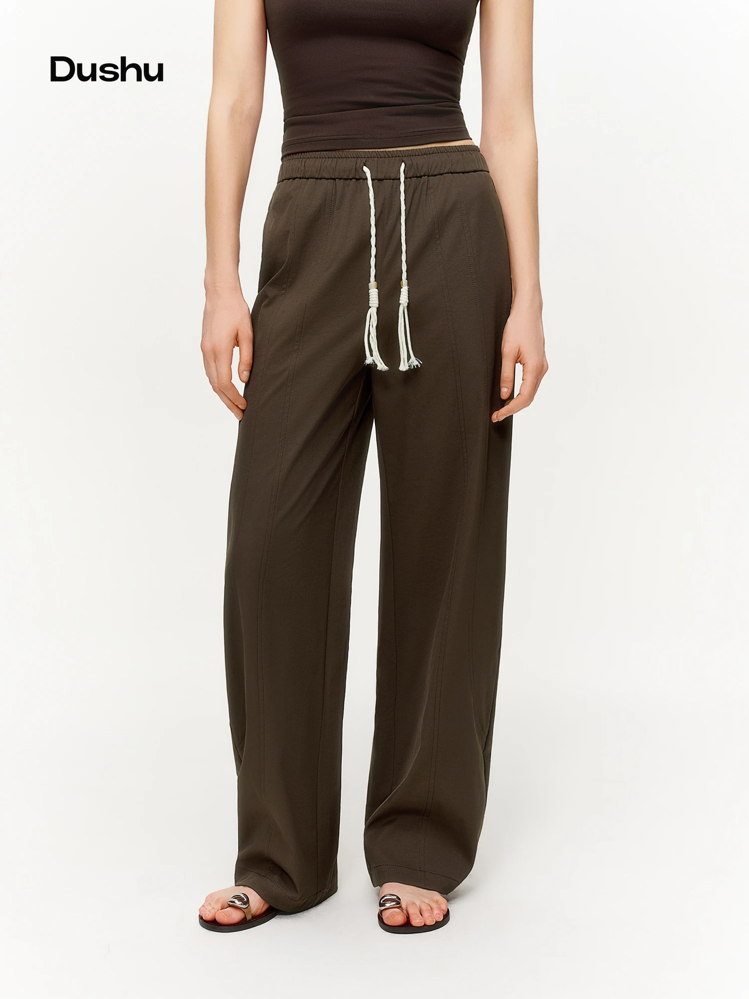 DUSHU 2026 Spring Women's Tie-Waist Bootcut Pants, Elastic High Waist Flared Casual Trousers, Y2K Retro Loose Fit Lounge Pants