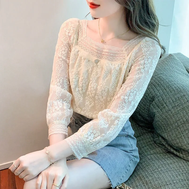 French Style Elegant Lace Base Layer Blouse Women\'s 2024 Autumn New Trendy Square Neck Chiffon Commuter Versatile Top