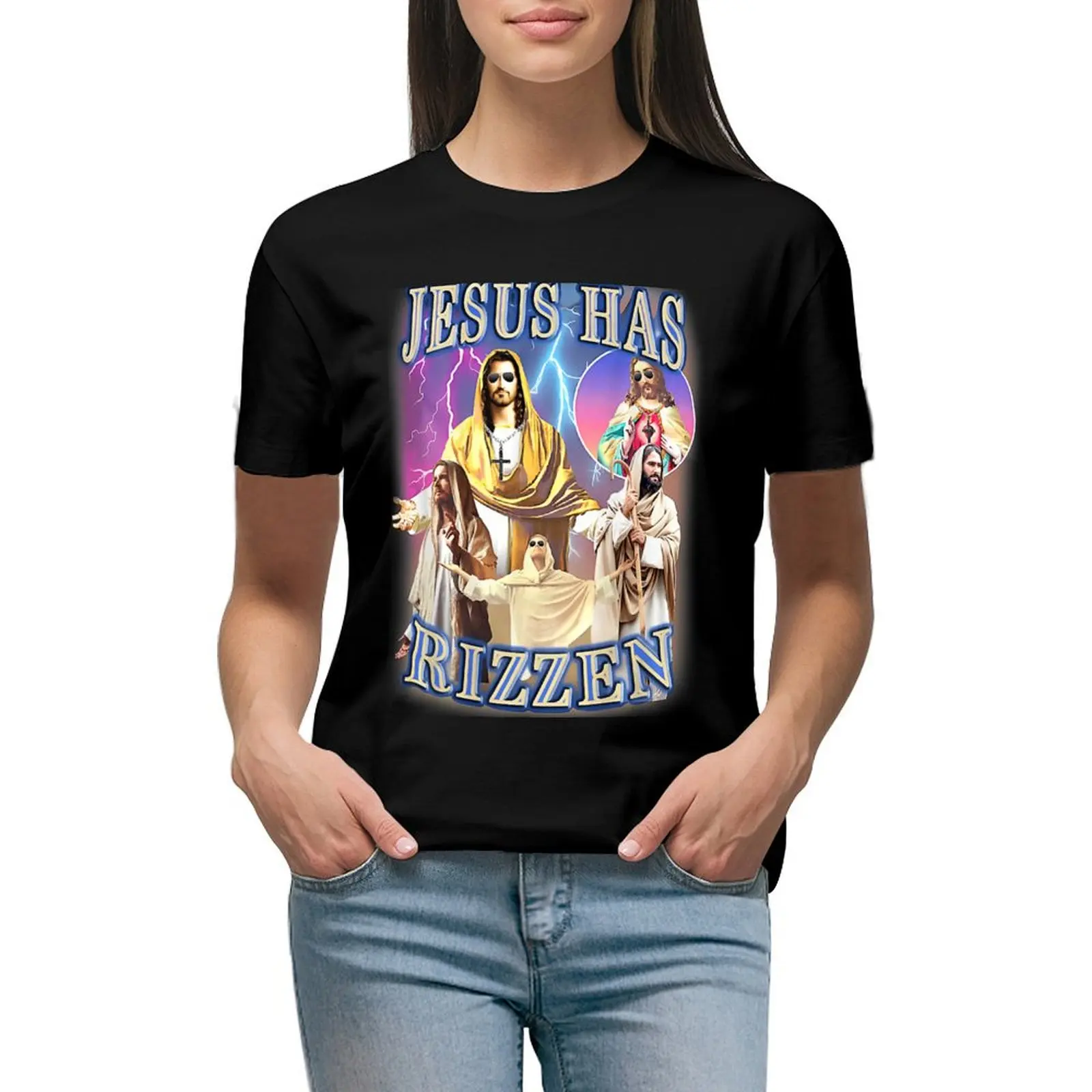 

Jesus Has Rizzen on back - He Is Rizzen Jesus Rizz T-Shirt heavyweights funny aesthetic clothes cute tops cat shirts for Women