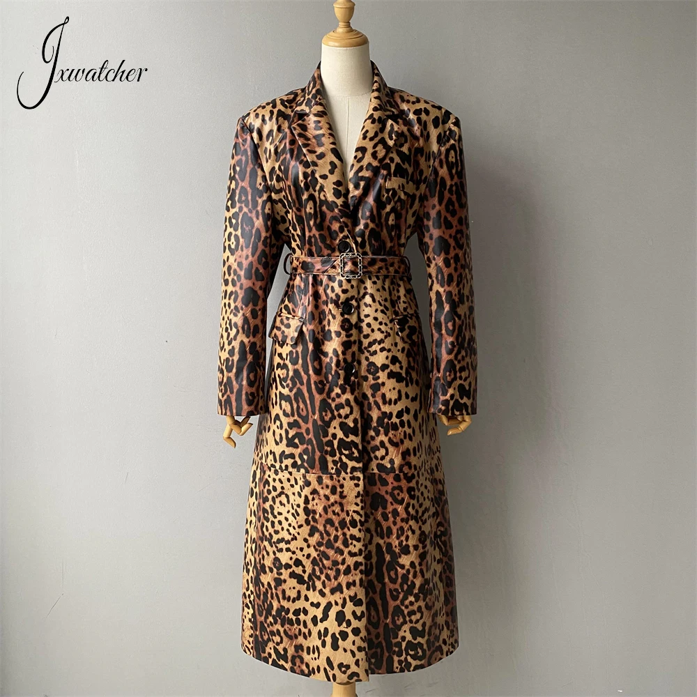 Jxwatcher-casaco de couro verdadeiro feminino, jaqueta comprida de pele de carneiro estampa leopardo, trench coat de couro genuíno, moda primavera, outono