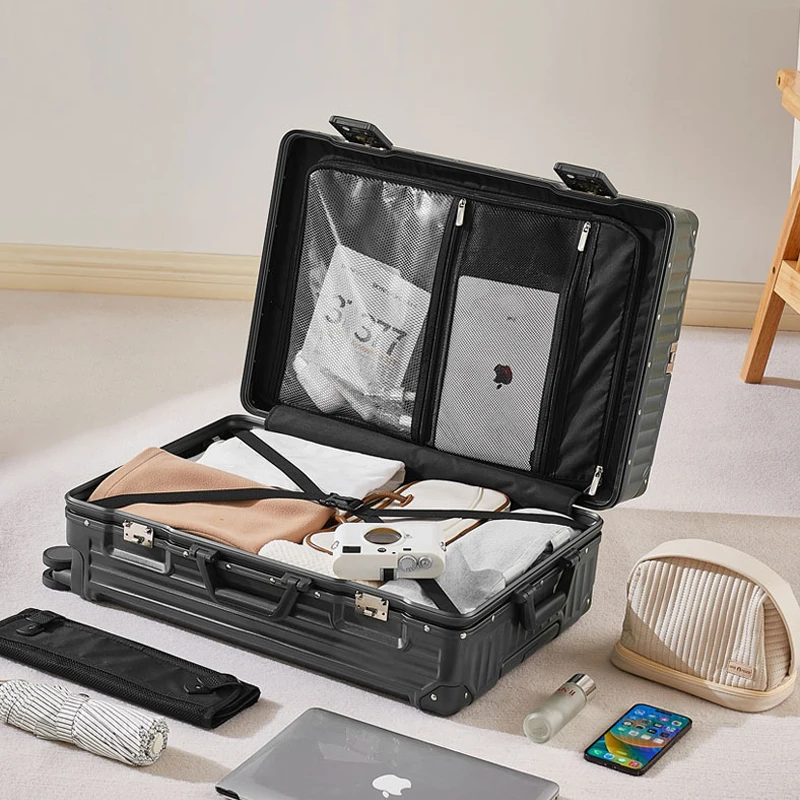 กระเป๋าเดินทางอลูมิเนียมคุณภาพสูงแบบหนาพร้อมพอร์ตชาร์จ ขนาด 20 นิ้ว ล้อลากคู่แบบหมุนได้ กระเป๋าเดินทางขึ้นเครื่องได้