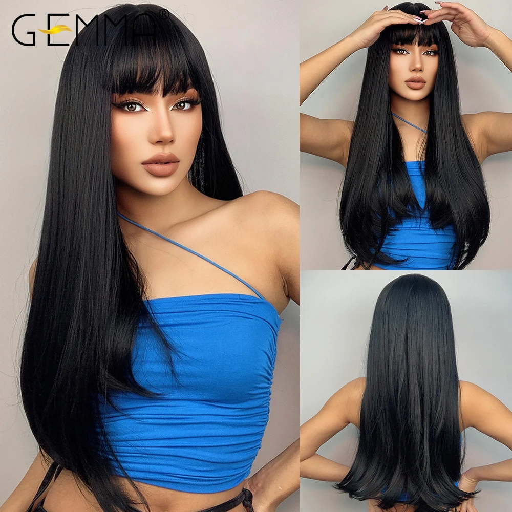 GEMMA Cosplay Long Straight Black Synthetic Wigs with Bangs for Women African American Lolita Daily Party Heat Resistant Fibre