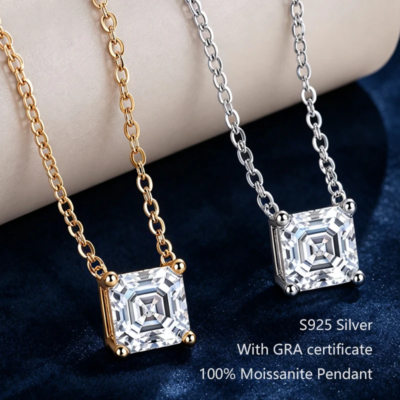 925 Sterling Silver Moissanite Necklace with Square Emerald Cut Transparent Classic Pendant Elegant Jewelry for Women's Weddings