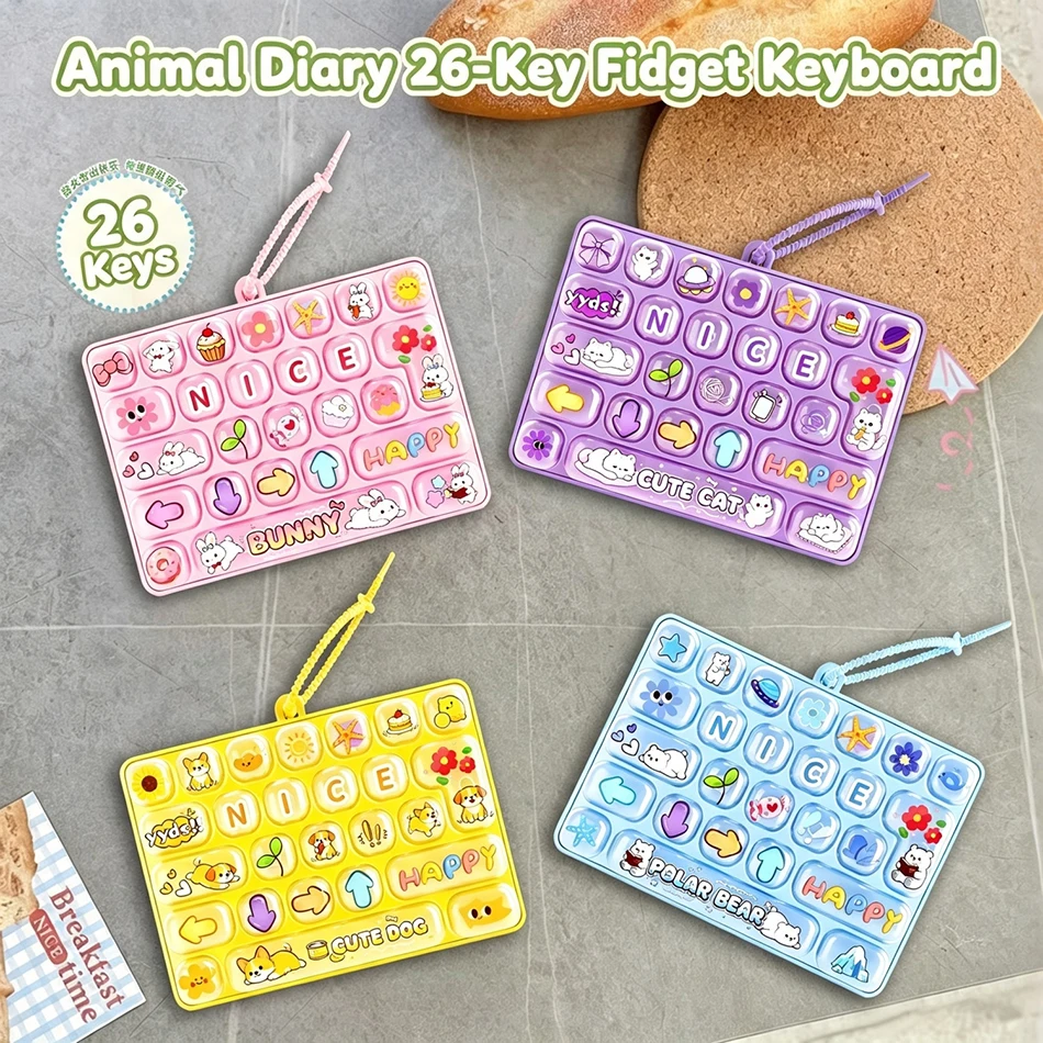 Novelty 26 Silicone Animal Diary Fidget Keyboard Keychain Stress Relief Bubble Popping Toy Backpack Hanging Ornament Pendant view 2
