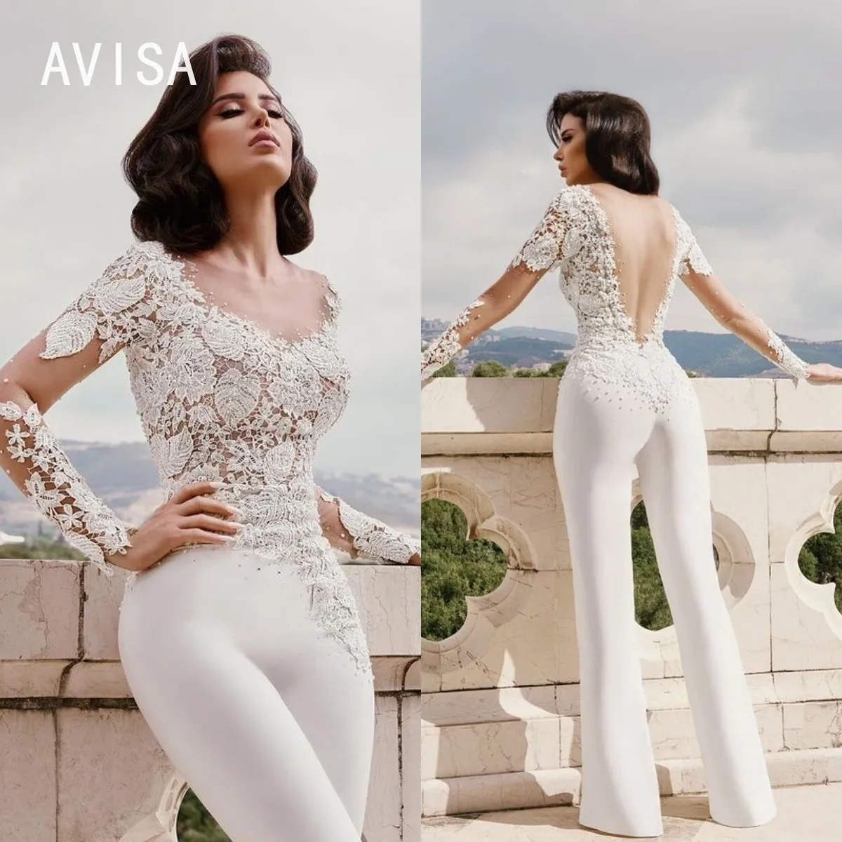 

Sexy 2024 Jumpsuits Wedding Dress Long Sleeve Lace Appliqued Beaded Satin Boho Bridal Dresses Wedding Gowns Vestido de Noiva